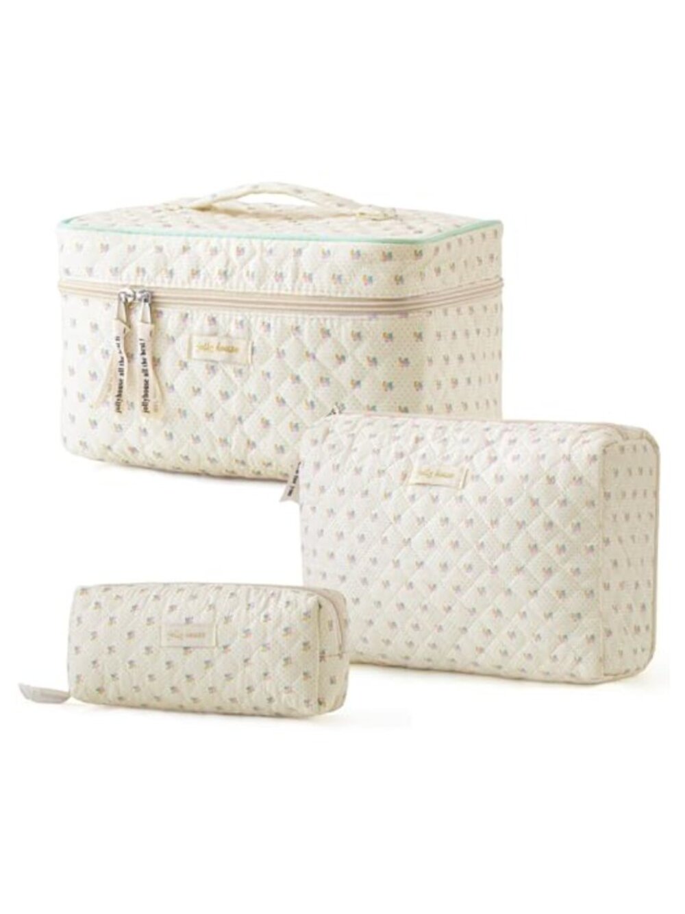 Quilted Cotton Floral Makeup Bag 3Pc Travel Cosmetic Organizer Zipper Pouch
